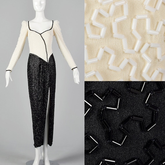 XS Lillie Rubin 1970s Black and White Beaded Gown… - image 1