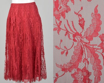 Small 1970s André Laug for Audrey Hepburn Red Lace Skirt Pleated Scallop Hem Designer