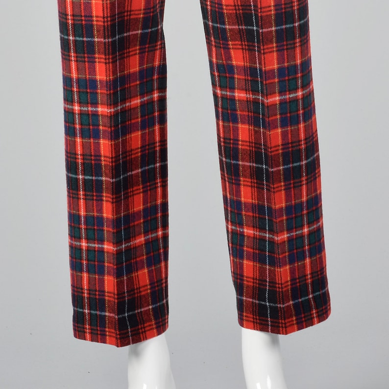 XS Pendleton Plaid Pants Red Wool Vintage 70s Blue Green Woven Flat Front Lined Tapered Leg