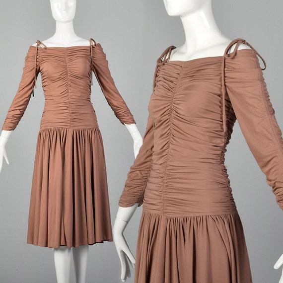 XS Frank Usher Golden Touch 1970s Taupe Dress Vint