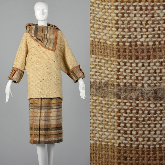 XS Off White Wool Tweed Skirt Set Chunky Brown St… - image 1