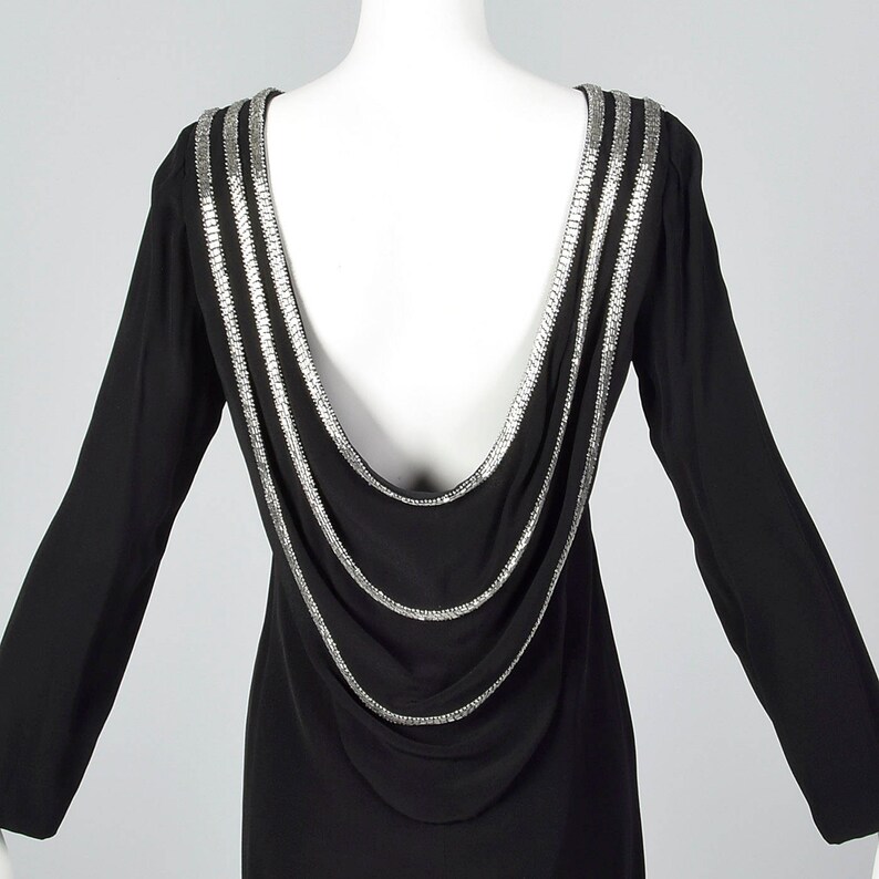 1970s Bob Mackie Sexy Winter Dress Backless Evening Dress Long Sleeves Little Black Dress Beaded Neckline Draped Back image 9