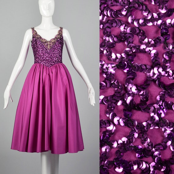 Small 1980s Fuchsia Dress Sequined Bodice Taffeta… - image 1