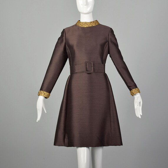 Large 1960s Teal Traina Brown Mod Dress Long Sleev