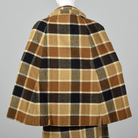 Small 1960s Brown Plaid Skirt Suit Matching Cape … - image 5