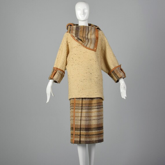 XS Off White Wool Tweed Skirt Set Chunky Brown St… - image 3