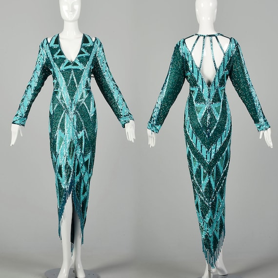 Large 1980s Bob Mackie Beaded Gown Caged Back Hi L