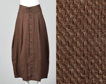 Medium 1990s Brown Linen Skirt Button Front Casual Summer Skirt Linen Separates Lightweight Spring Summer 90s Vintage