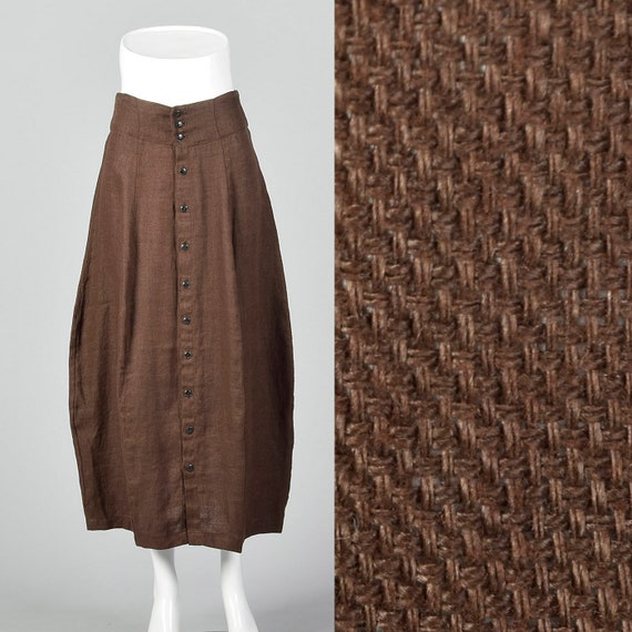 Medium 1990s Brown Linen Skirt Button Front Casua… - image 1