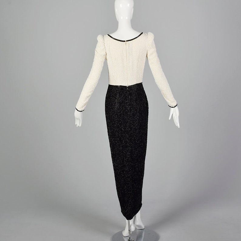 XS Lillie Rubin 1970s Black and White Beaded Gown Wiggle Dress Scoop Neck Cocktail Dress Vintage Party Dress image 3