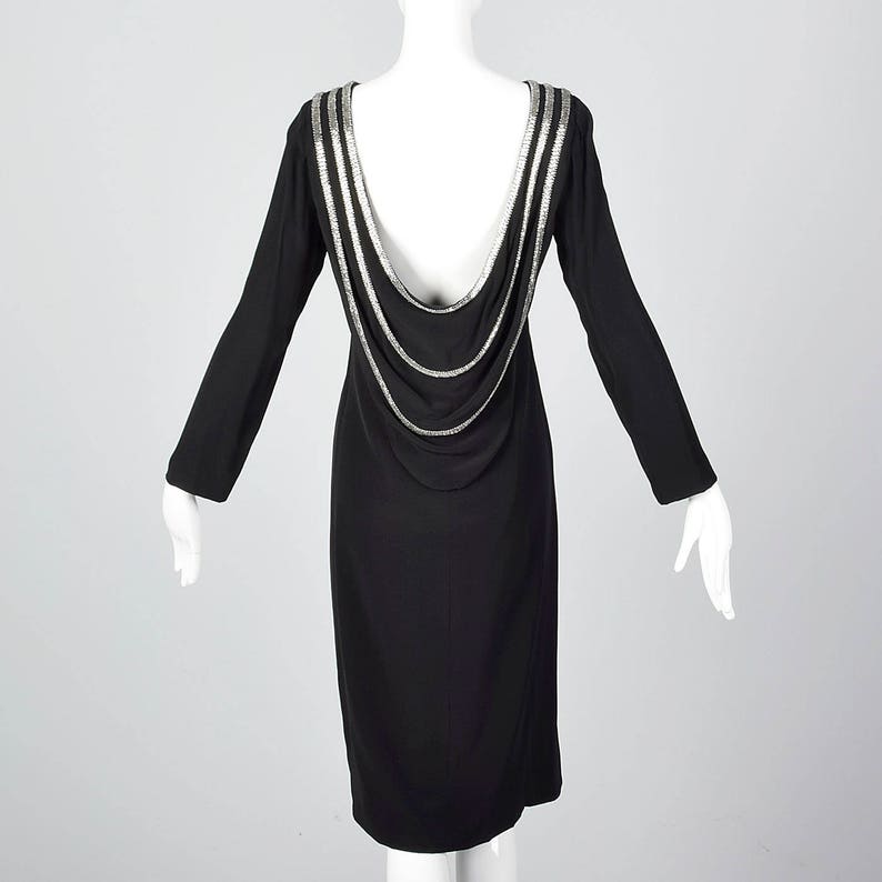 1970s Bob Mackie Sexy Winter Dress Backless Evening Dress Long Sleeves Little Black Dress Beaded Neckline Draped Back image 8