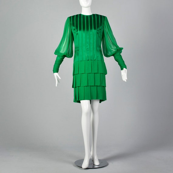 Small Galanos 1980s Emerald Green Silk Dress Vint… - image 2