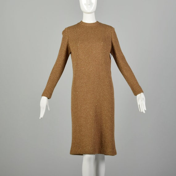 Medium Sweater Dress 1970s Metallic Gold Cozy Rib… - image 1