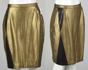 Medium 1990s Gianni Versace Metallic Gold Pencil Skirt Black Embellishments