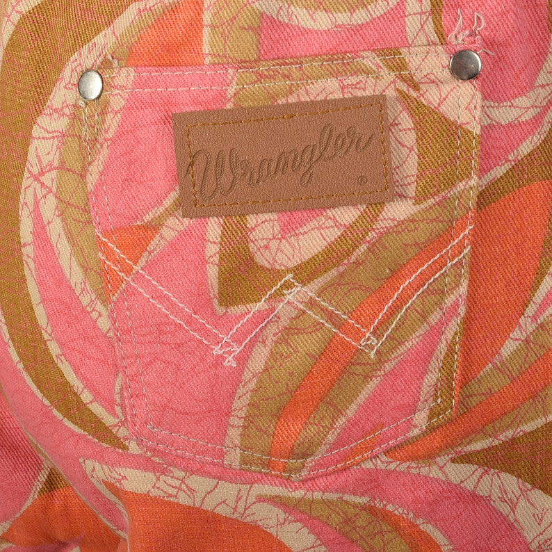 Small Wrangler Pink and Orange Abstract Print Jeans Bell Bottoms Front Zip Vintage 1970s Boho Hippie Bohemian Bellbottoms
