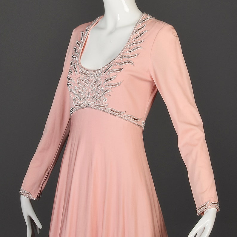 Medium Victoria Royal Beaded Formal Gown Flowy Maxi Dress Long Sleeve Pink Evening Dress Vintage 1960s 60s Low Cut Scoop Neck image 6