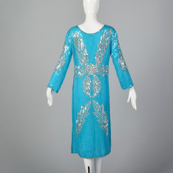 Medium 1970s Blue Silk Sequin Dress Vintage India… - image 5