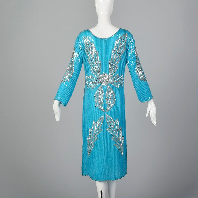 Medium 1970s Blue Silk Sequin Dress Vintage India Silk Dress 70s Beaded Cocktail Dress Vtg Blue Party Dress image 5