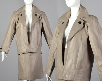 Small 1980s Yves Saint Laurent Rive Gauche Gray Leather Skirt Suit Oversized Jacket Pencil Skirt Classic 80s Vintage