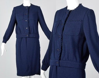 Medium 1970s Bill Blass Skirt Suit Navy Blue Jacket Knit Designer Outfit