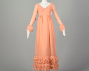 XS 1960s Lillie Rubin Orange Sherbet Gown Maxi Evening Dress Flowy Modest Pastel Ruffle Long Sleeve