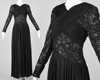 Small Sexy Formal Dress Victoria Royal Floor Length Black Gown with Illusion Beaded Sleeves Flowy Maxi Dress Vintage 1970s 70s