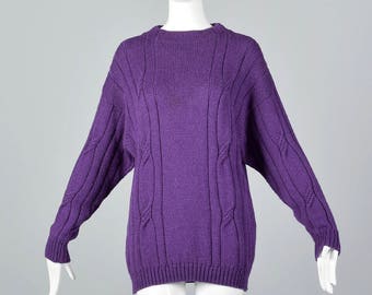 Medium 1980s Bottega Veneta Mohair Silk Purple Cable Knit Sweater Wool Separates Silk Separates Long Sleeves Drop Shoulders Vintage
