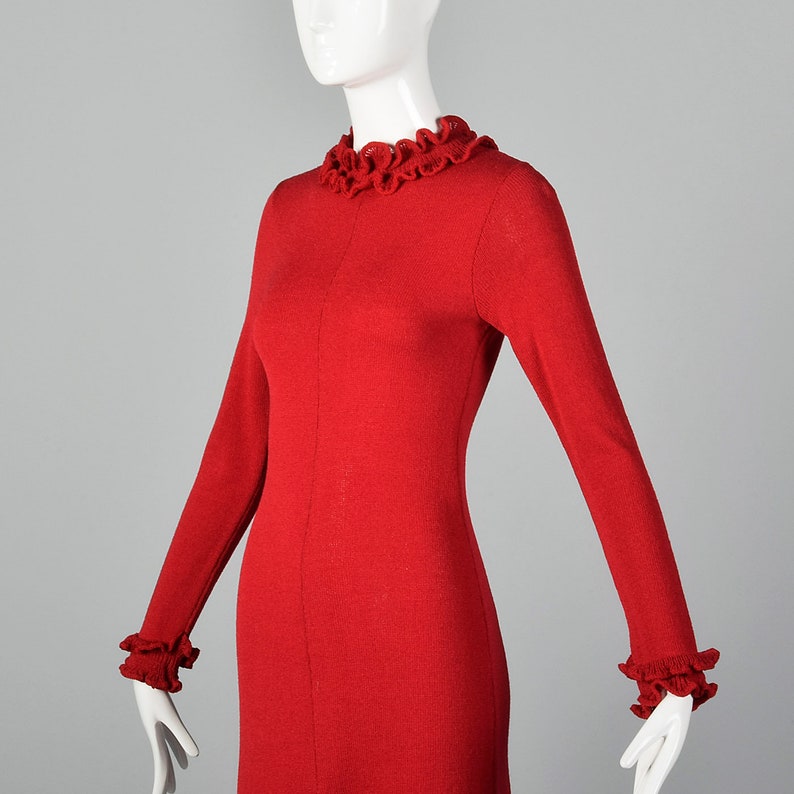 XXS Red Knit Sweater Dress Long Sleeve Back Zip Ruffle Rib Etsy