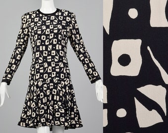 Medium 1980s Louis Feraud Black Graphic Print Dress Long Sleeve Silk Dress Drop Waist Black Beige Mini Skirt 80s Vintage