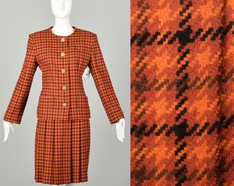 Large 1990s Givenchy Houndstooth Plaid 2 Piece Skirt Suit Orange Autumn Tweed Wool