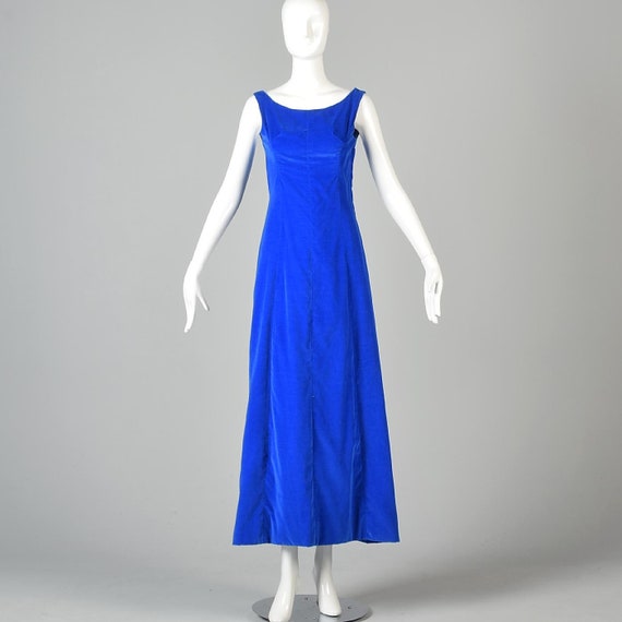 XS 1960s Blue Velvet Maxi Dress Simple Elegant Ma… - image 6