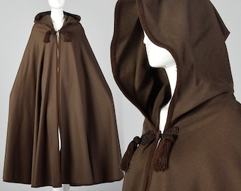 1976 Cape Yves Saint Laurent Brown Wool Cloak with Pointed Hood Tassels Large Sweep