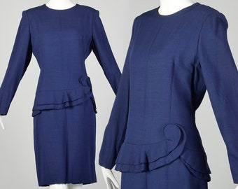 Large 1980s Carolina Herrera Dress Blue Peplum Long Sleeve Casual Drop Waist Modest Wear To Work