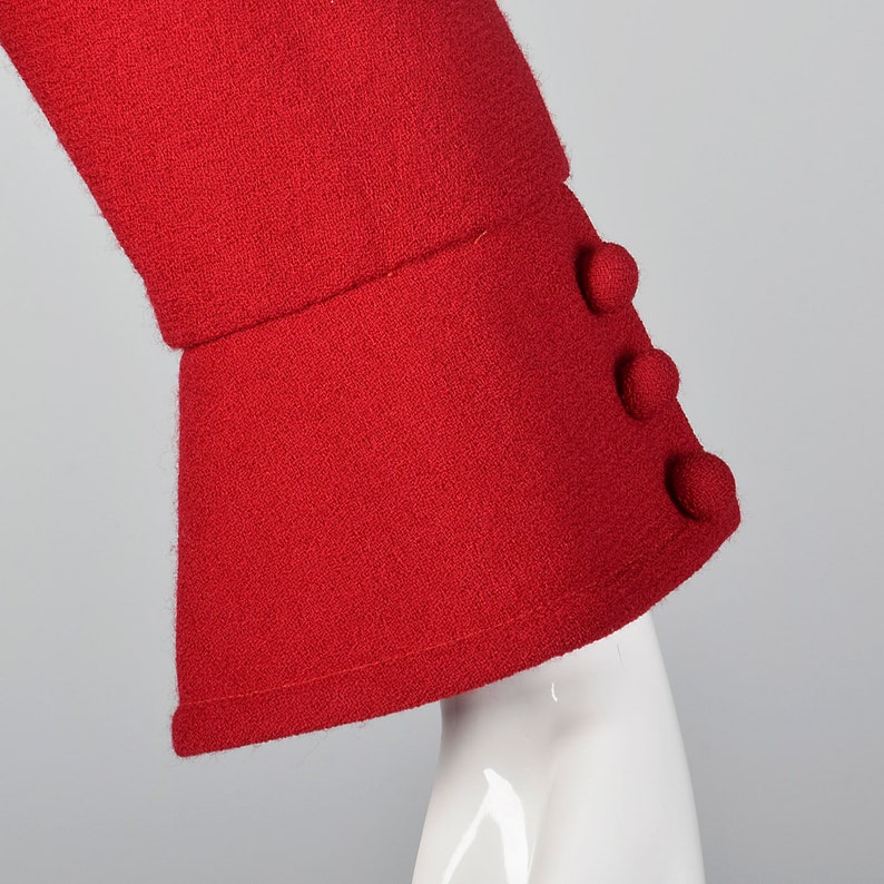 Small Travilla Red Wool Dress Long Sleeve Flared Cuff Fabric Buttons Tapered Pencil Skirt Vintage 1980s Holiday Wear to Work Dress image 9