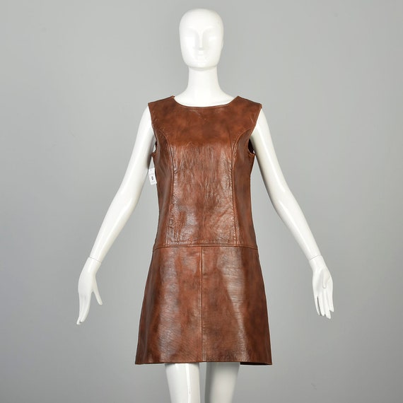 Medium 1960s Mini Dress Real Leather Drop Waist M… - image 1