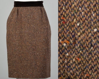 Medium Valentino Boutique Skirt 1980s Brown Wool Flecked Tweed Pencil Skirt