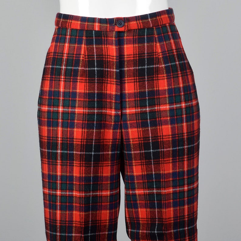 XS Pendleton Plaid Pants Red Wool Vintage 70s Blue Green Woven Flat Front Lined Tapered Leg