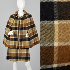 Small 1960s Brown Plaid Skirt Suit Matching Cape Two Piece Set Fall Winter Set Plaid Poncho Outerwear 60s Vintage