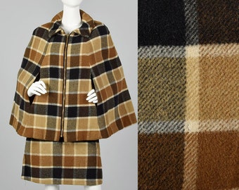 Small 1960s Brown Plaid Skirt Suit Matching Cape Two Piece Set Fall Winter Set Plaid Poncho Outerwear 60s Vintage