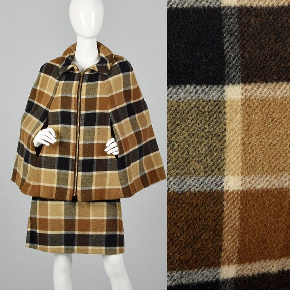 Small 1960s Brown Plaid Skirt Suit Matching Cape … - image 1
