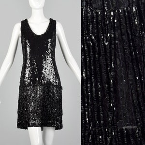 Small 1980s Black Sequin Dress Vintage Beaded Shift Dress Little Black Dress Cocktail Dress 80s Flapper Dress image 1