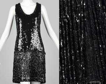 Small 1980s Black Sequin Dress Vintage Beaded Shift Dress Little Black Dress Cocktail Dress 80s Flapper Dress