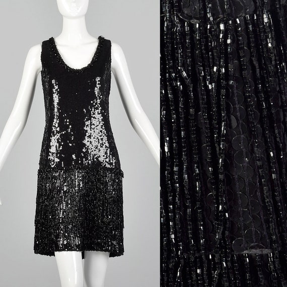 Small 1980s Black Sequin Dress Vintage Beaded Shi… - image 1