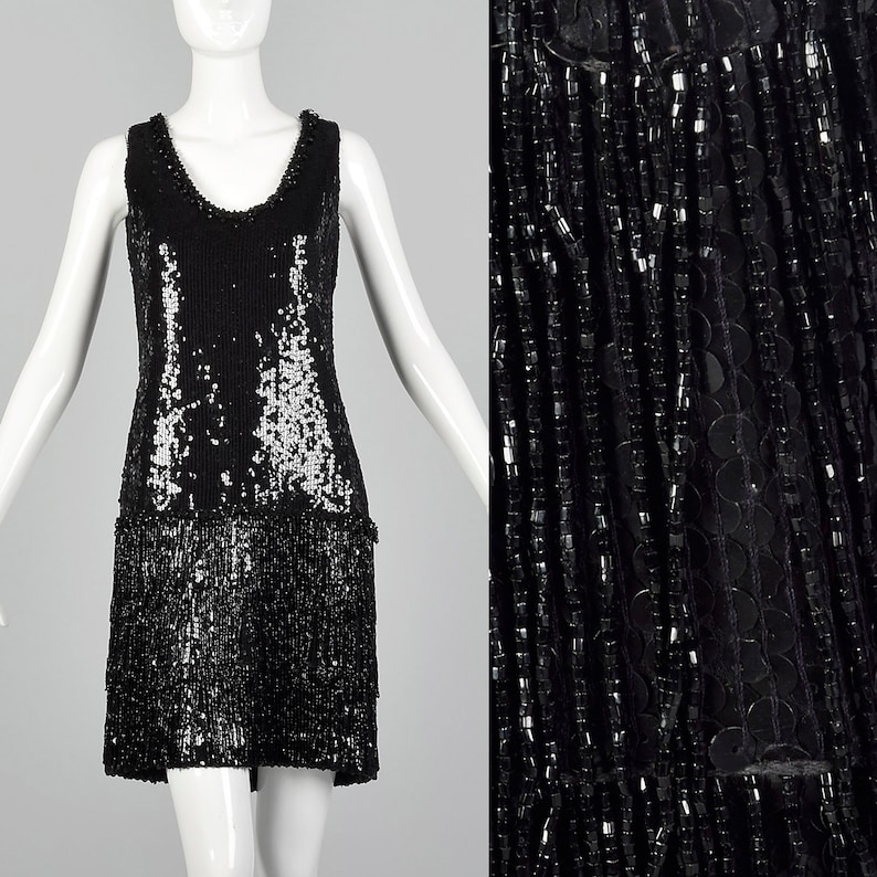 Small 1980s Black Sequin Dress Vintage Beaded Shift Dress Little Black Dress Cocktail Dress 80s Flapper Dress image 1