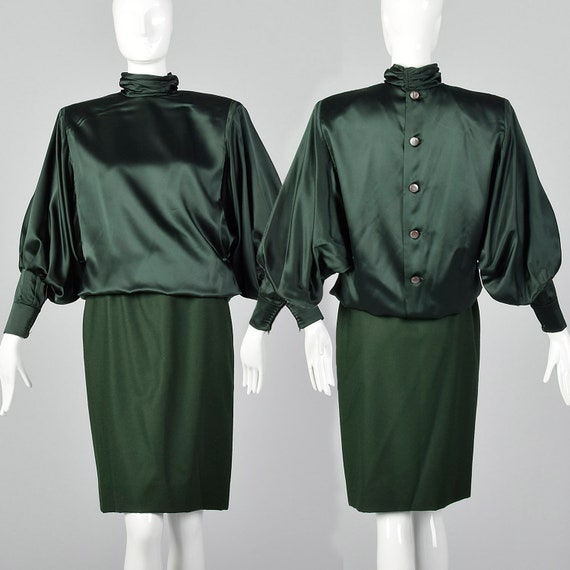 Small Galanos 1980s Green Blouse and Skirt Set Ba… - image 1