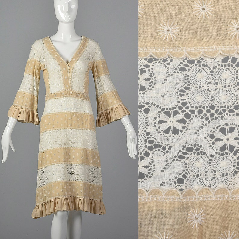 Medium 1970s Bohemian Dress Sheer Lace Panels Alternative Wedding Dress Bell Sleeves Boho Loose Flowy 70s Vintage
