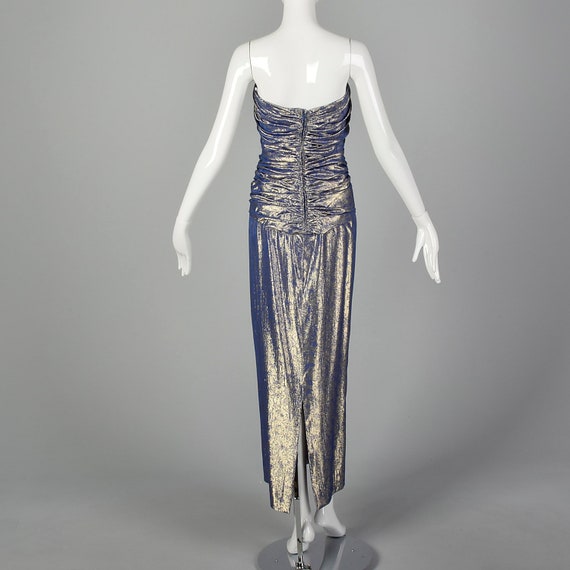 XS Blue Gown 1970s Gold Lamé Strapless Sweetheart… - image 3