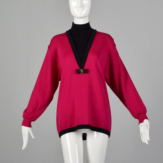 StyleandSalvage XL Ferragamo Pink Sweater 1990s Designer Turtleneck Magenta Black Ferragamo Bow