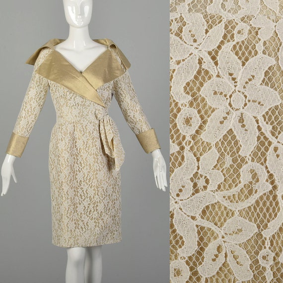 Small 1990s Pilar Rossi Lace Dress Metallic Gold … - image 1