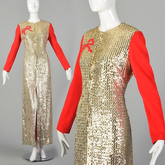 Medium Oscar de la Renta Gold Dress 1970s Sequin L